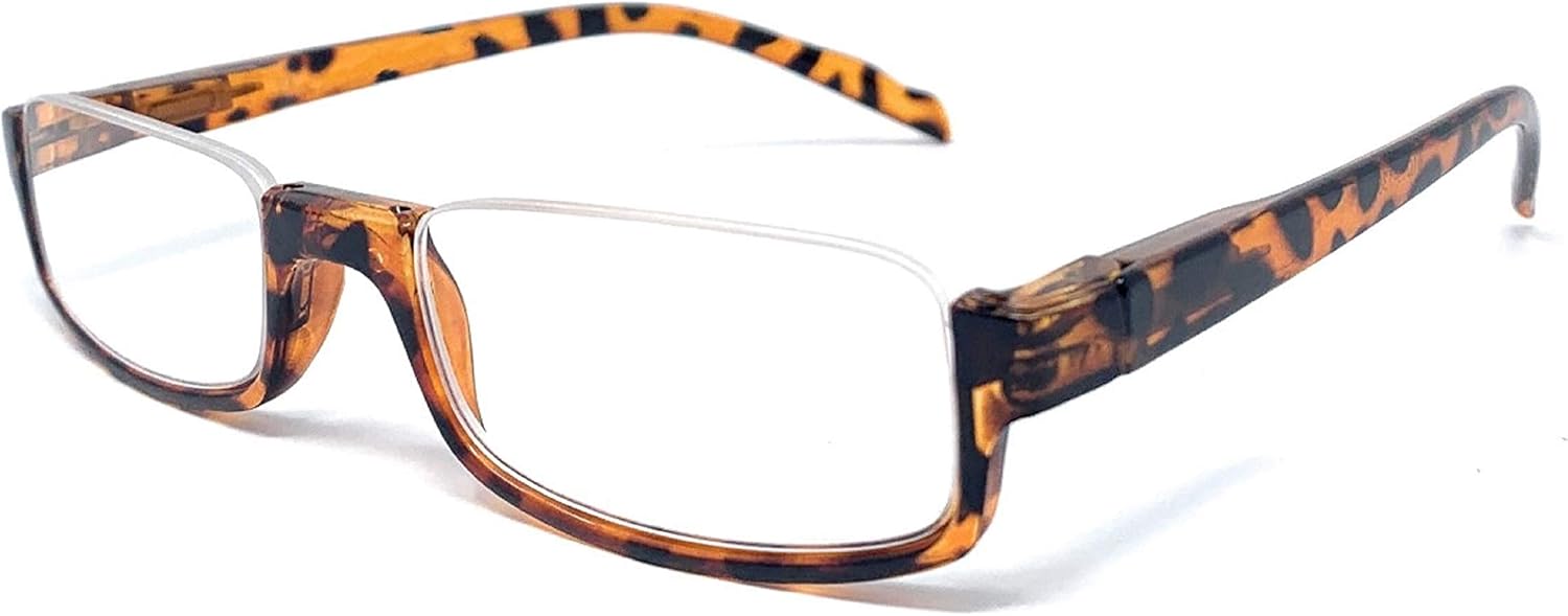 The Parker Rectangle Half Frame Reading Glasses, Unisex Semi Rimless Readers + 1.50 Tortoise