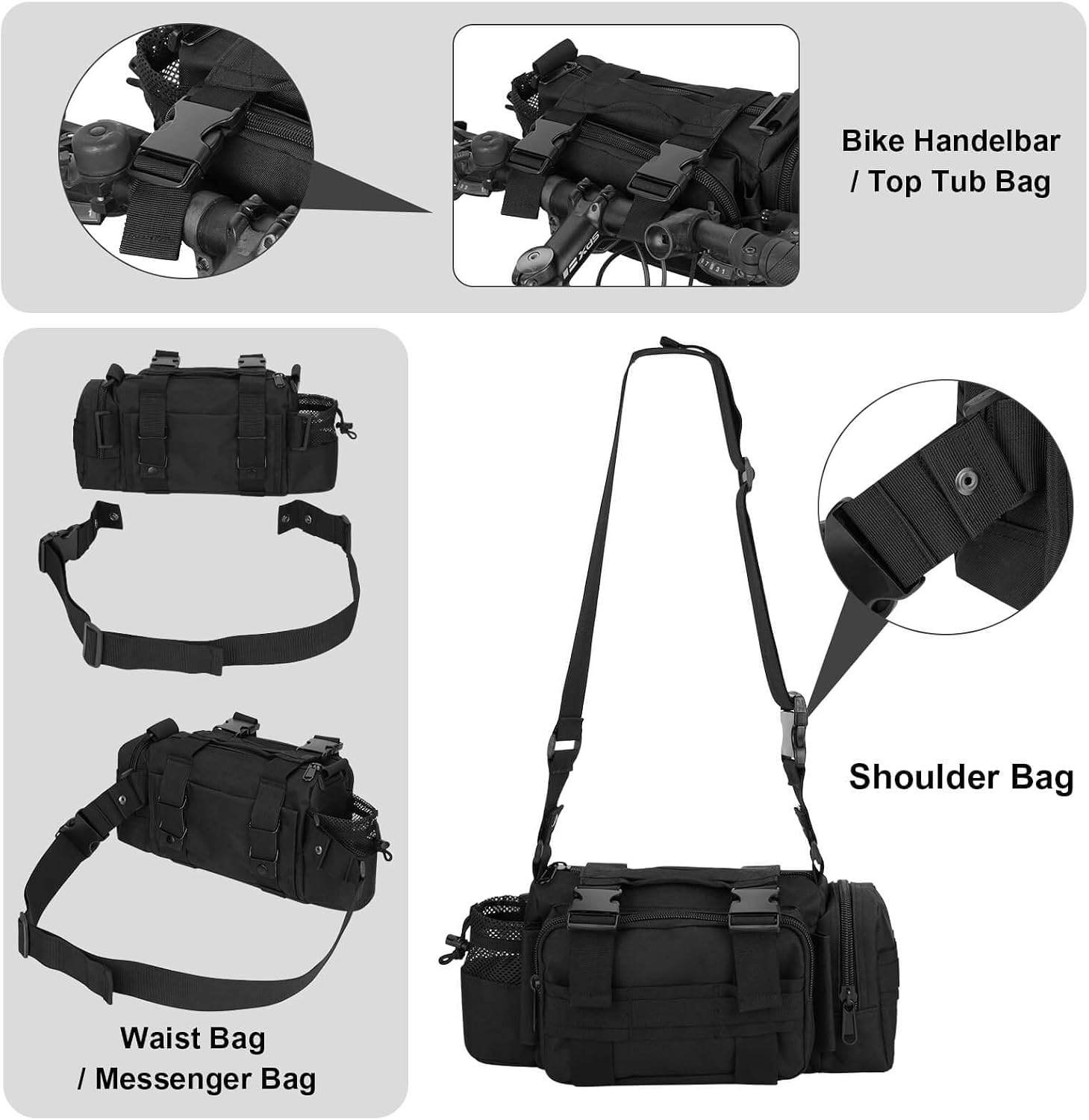 BraveHawk OUTDOORS Bike Handlebar Bag, 900D Nylon Oxford Multi-purpose Waist Bag Water Resistant Bicycle Cycling Pack (Black)