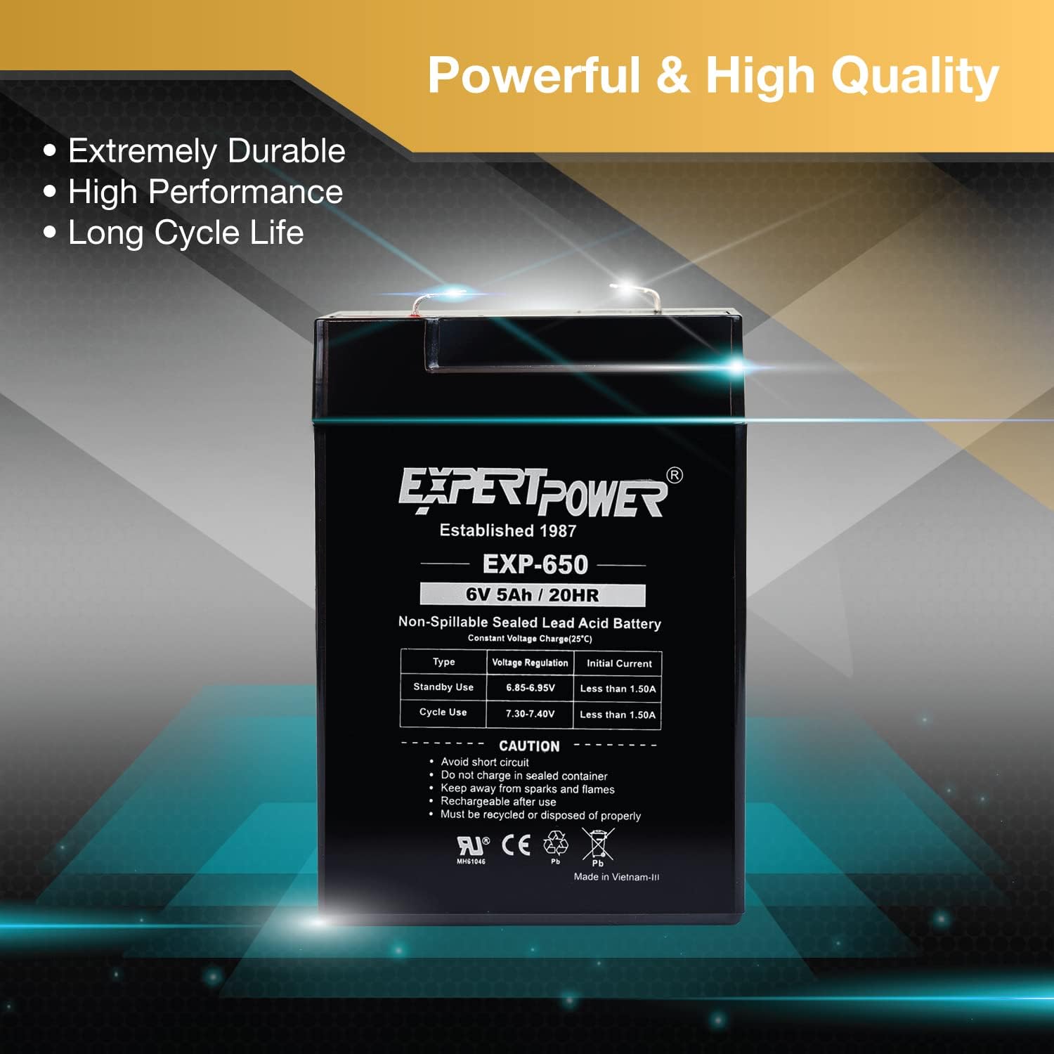 ExpertPower EXP650-6V 5Ah / 20HR SLA Rechargeable 6V Battery for Ride on Toys, Emergency Light, Exit Sign Battery Replacement, Sealed Lead Acid 6 Volt Batteries with F1 Terminals