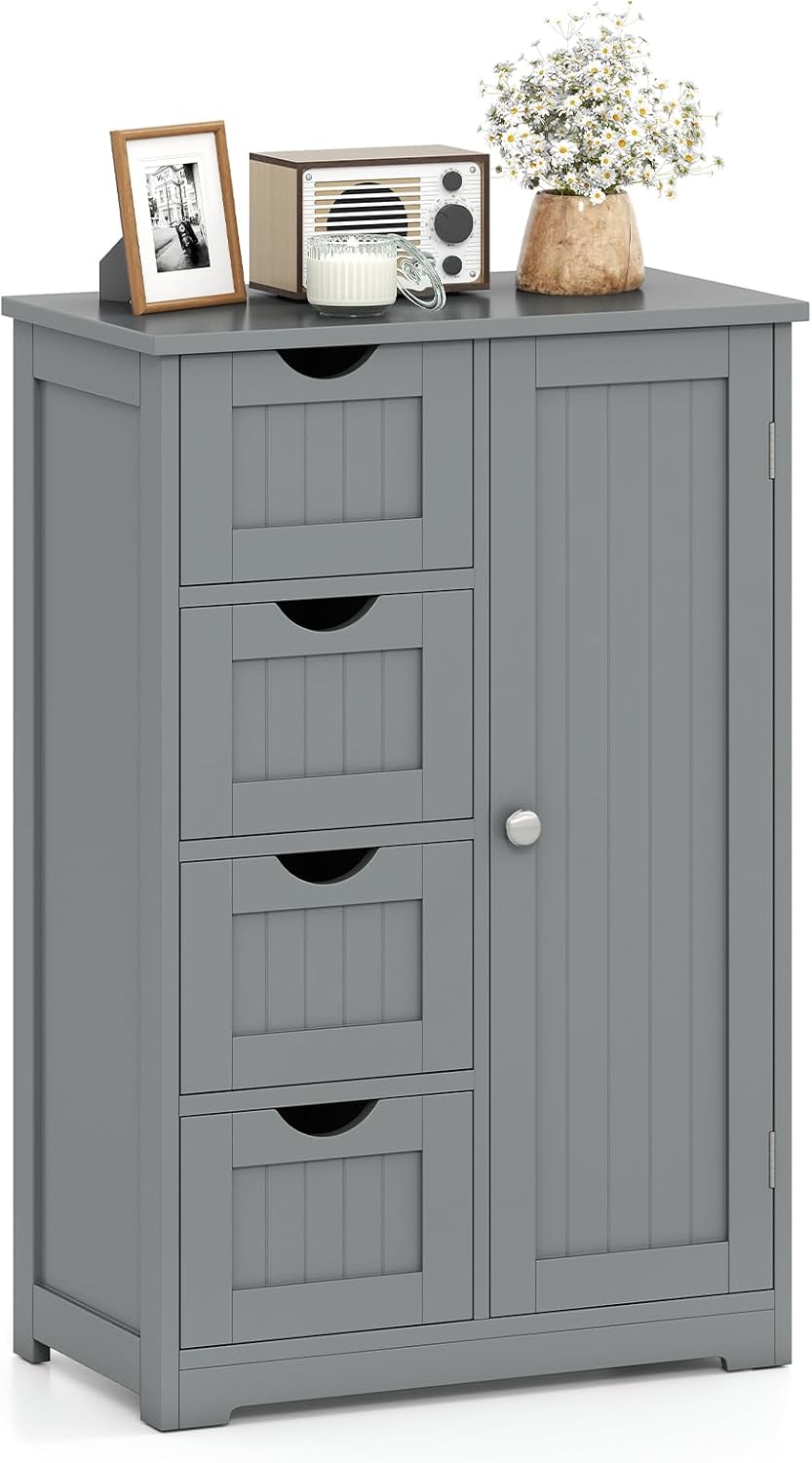 Giantex Storage Cabinet with 4 Drawers, Bathroom Storage Organizer with Cupboard, Adjustable Shelf, Anti-Toppling Device, Floor Cabinet, Entryway Storage Unit Console Table, White