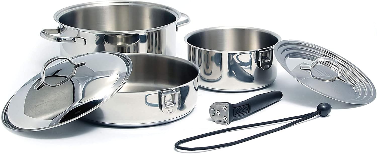 Camco 7 Piece Stainless Steel Cookware Nesting Pots and Pans Set w/Lids, Detachable Handles & Storage Strap for Camping, Tailgating, and RV