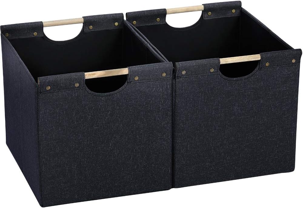 HOONEX Large Collapsible Storage Bins, Linen Fabric, 2 Pack, Storage Baskets with Wooden Carry Handles and Sturdy Heavy Cardboard, for Home, Office