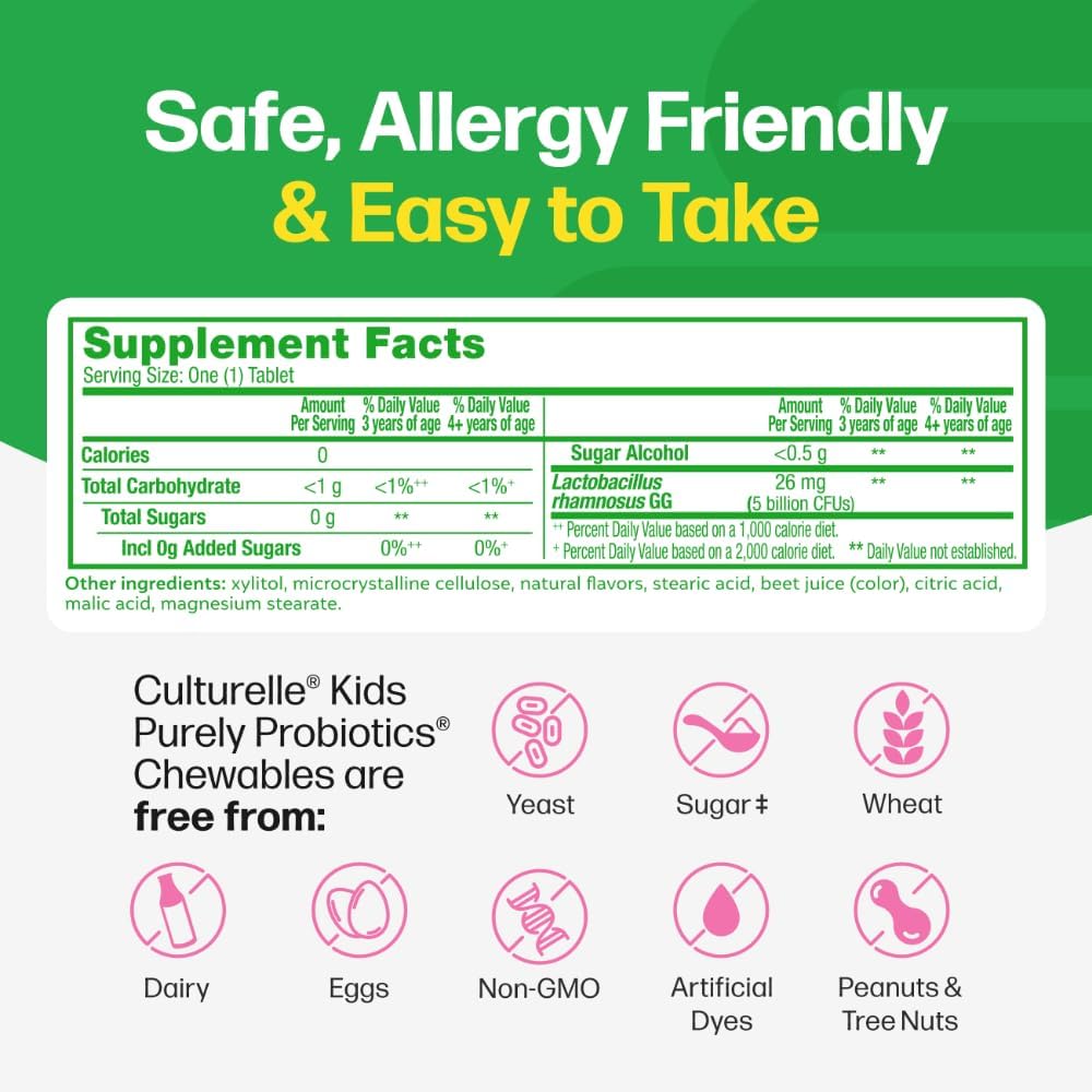 Culturelle Daily Chewable Probiotics for Kids Ages 3+, Berry Flavor, 30 Ct | From the #1 Pediatrician Recommended Brand± Promotes Digestive Gut Health, Oral Care & Immune Support* 5B CFUs, Gluten Free