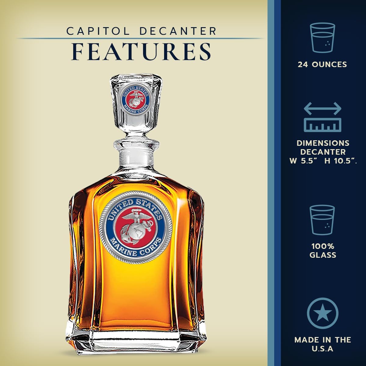 Marines Decanter – Eagle Globe & Anchor | 24 OZ Whiskey Decanter for Liquor with Airtight Stopper | Expertly Crafted Pewter Glass Clear