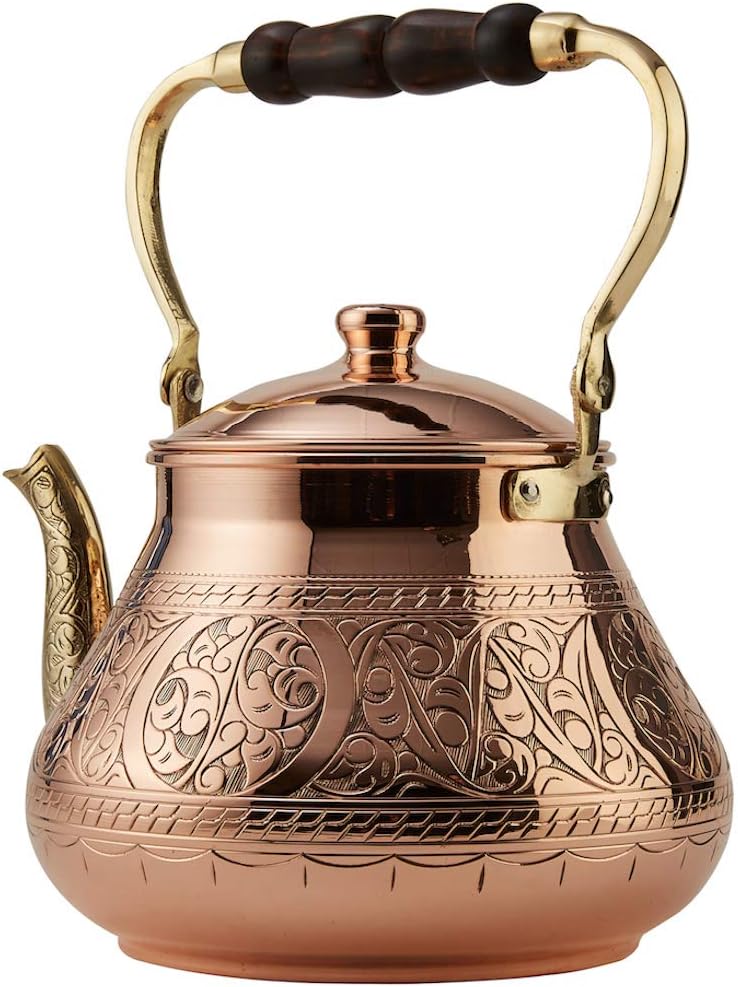 DEMMEX Large Copper Teapot, 1mm Thick, Engraved, Handcrafted in Turkey, 3.1 Quarts (2.9L)