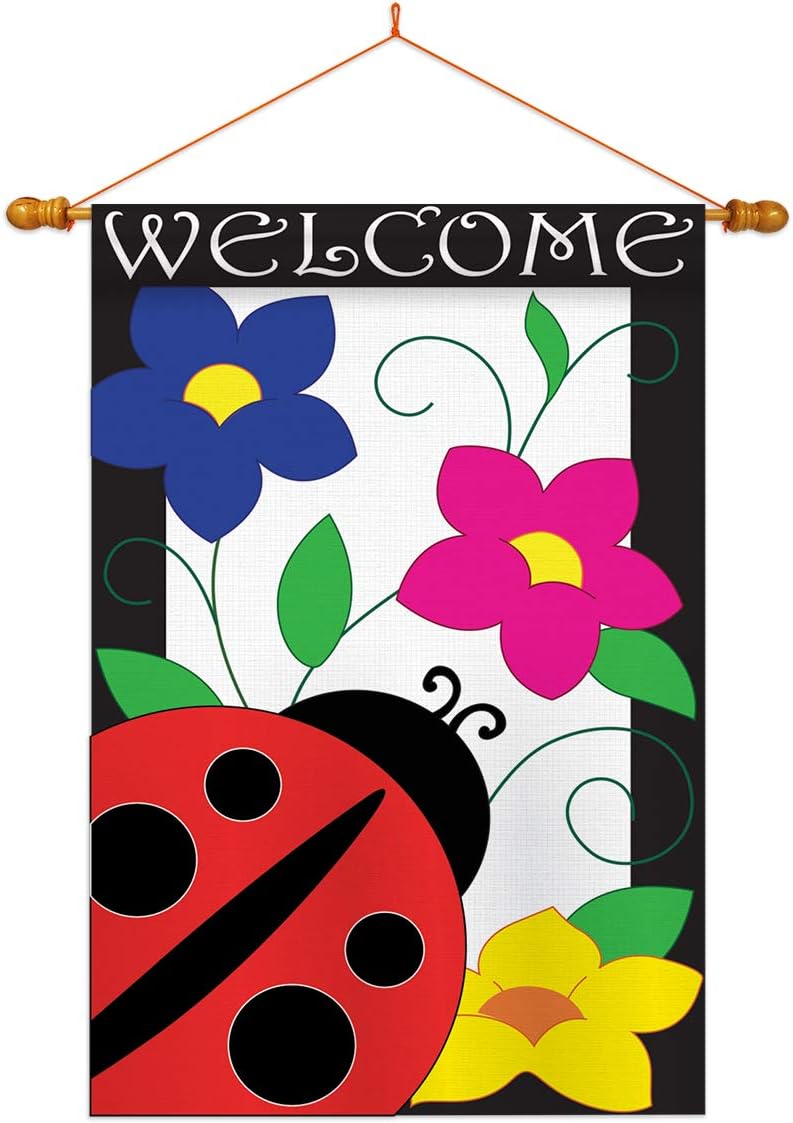 Breeze Decor Two Group HS104059-P2-03 Spring Ladybug Garden Friends Bugs & Frogs Applique Decorative Vertical 28" x 44" Double Sided House Flag Set
