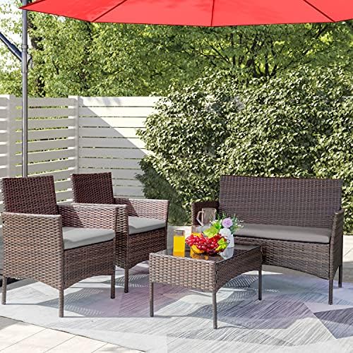 Greesum Patio Furniture 4 Pieces Conversation Sets,Brown and Beige