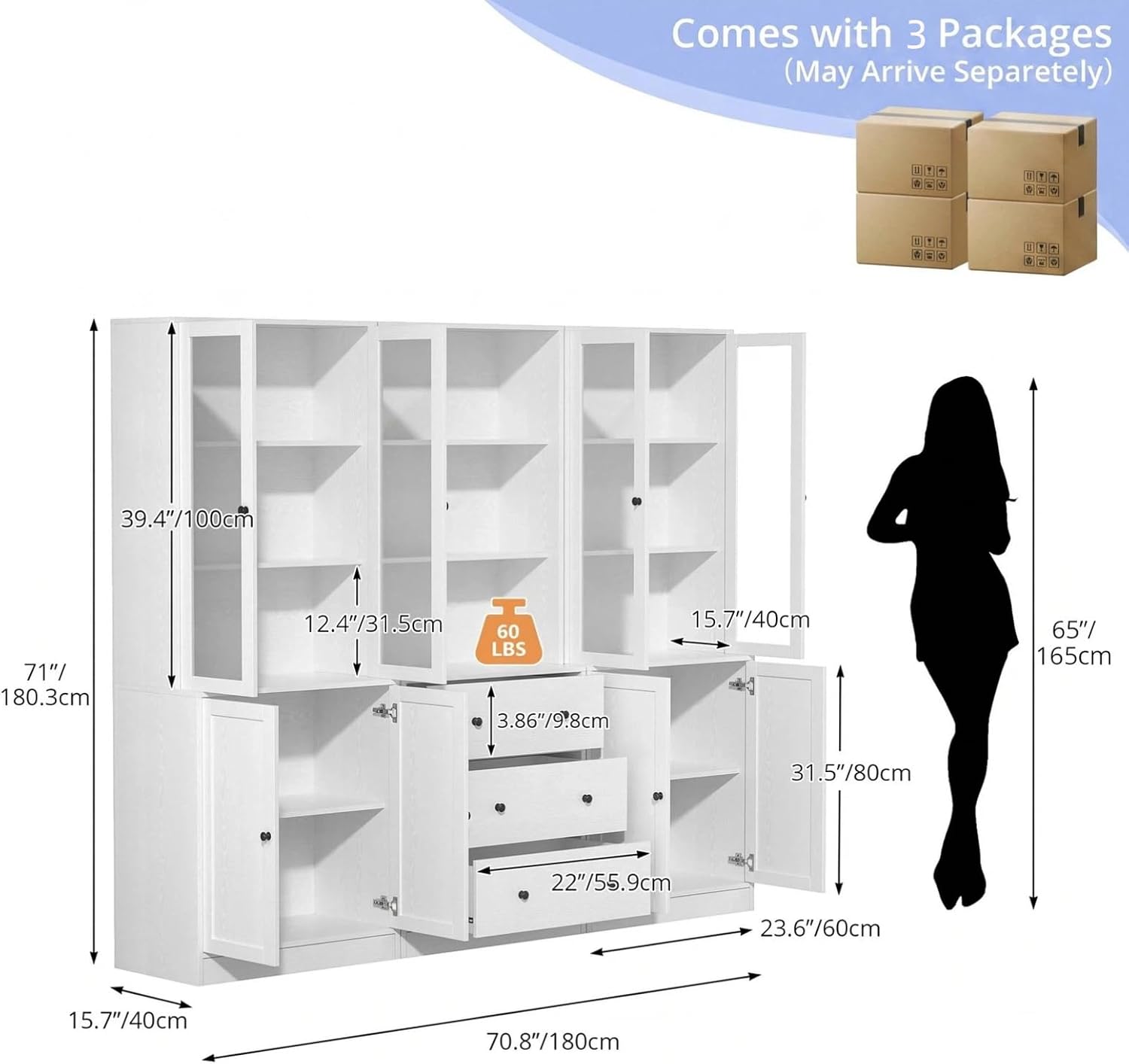 TUSY 71" H Bookcase with Storage | 6-Tier Modern Bookshelf with Drawers, Display Bookcase with Glass Doors, White Curio Cabinet for Home Office, Living Room