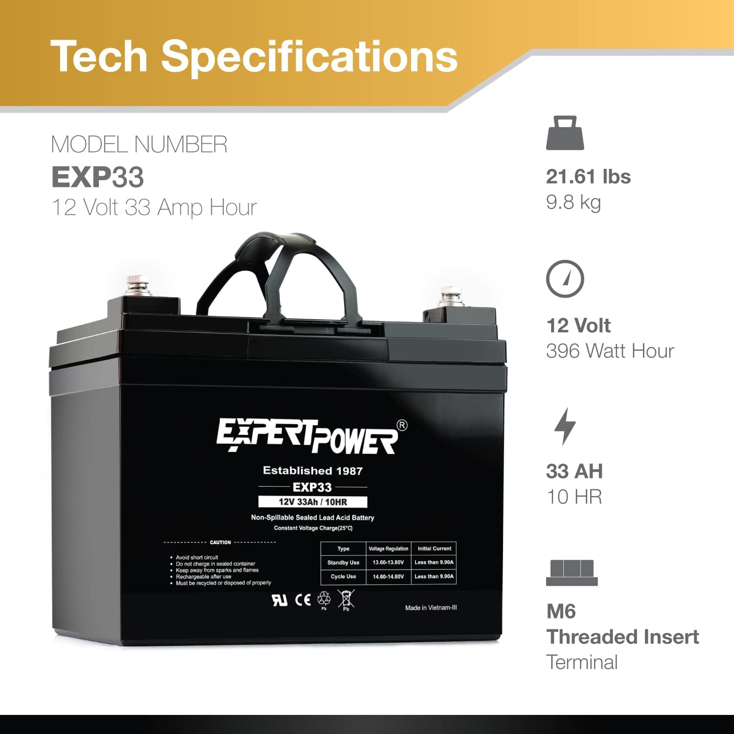 ExpertPower EXP33-12V 33Ah SLA AGM Battery for Solar Energy Storage, UPS, Trailer, Security System, Mobility Scooter, Small Marine Battery Backup, Rechargeable 12V Batteries Lead Acid, M6