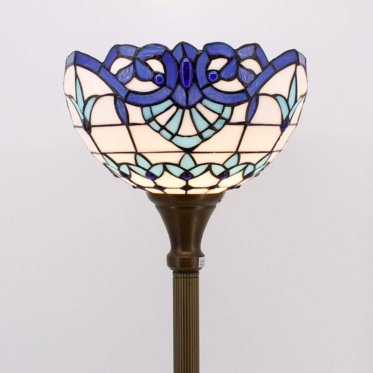 WERFACTORY Tiffany Floor Lamp Navy Baroque Stained Glass Torchiere Light | 12X12X71 Inches Pole Blue Standing Corner Torch Uplight Decor Bedroom