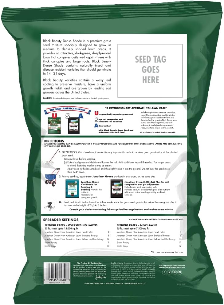 Jonathan Green (10610) Black Beauty Dense Shade Grass Seed - Cool Season Lawn Seed (25 lb) | Grows Well in Medium to Densely Shaded Areas