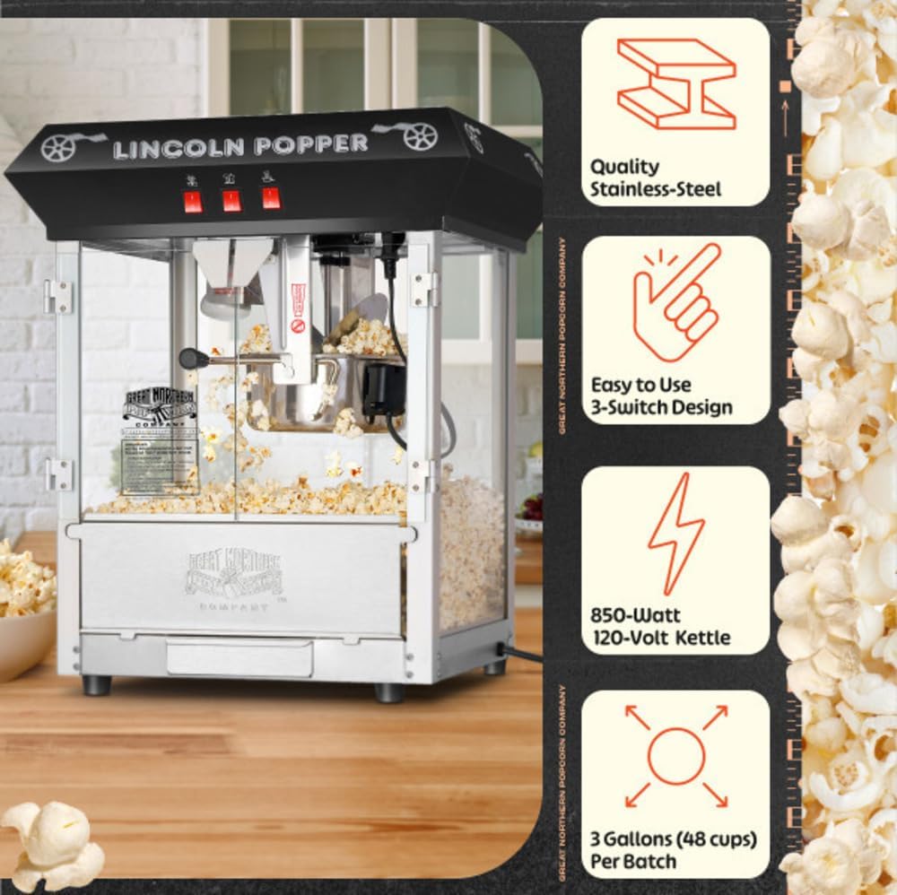 Lincoln Popcorn Machine - 8oz Popper with Stainless-Steel Kettle, Reject Kernel Tray