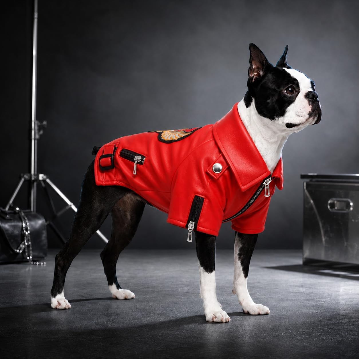 Lovelonglong Cool Dog Leather Jacket, Warm Coats Dogs Windproof Cold Weather Coats for Large Medium Small Dogs with Eagle Embroidery Black XS