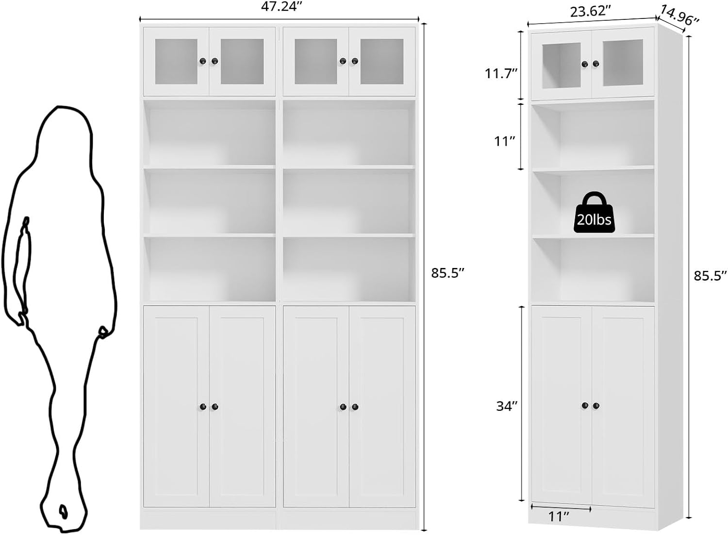 TUSY 85.5 Inch Tall Bookshelf with Doors - 7 Tier Bookcase with Glass Doors and Drawer, 23.6" Wide Storage Cabinet with Open Shelves for Living Room, White Book Shelf for Home Office, Study (AAAA)