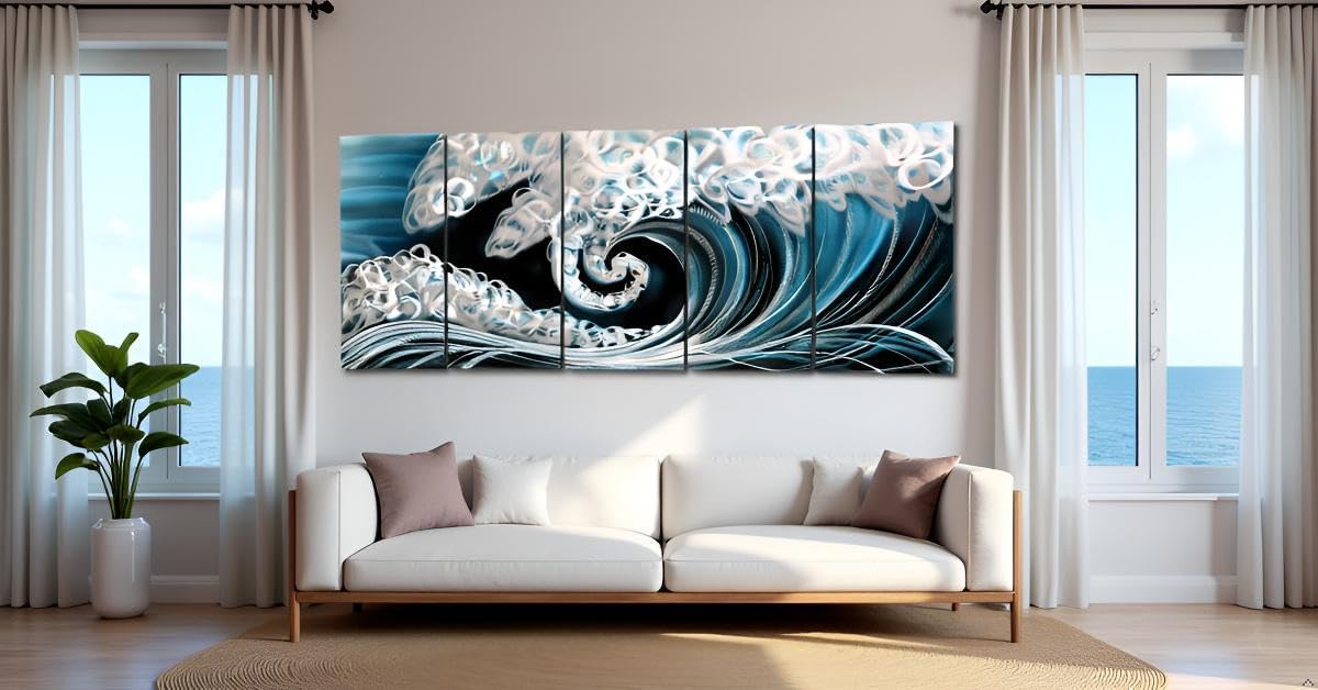 Yihui Arts Handcrafted 3D Metal Wall Art - Ocean Wave Sculpture, 5 - Panel Aluminum Decor for Living Room, Bedroom & Office