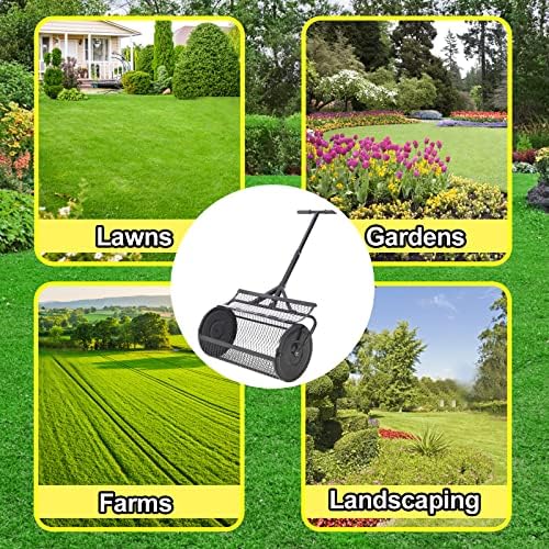 Compost Spreader - 24'' Peat Moss Spreader Manure Spreaders Roller with Adjustable T Shaped Handle Lightweight Metal Mesh Spreader for Lawn Garden Spreading Manure Topsoil, Black 0.5" x 1" Open Slits