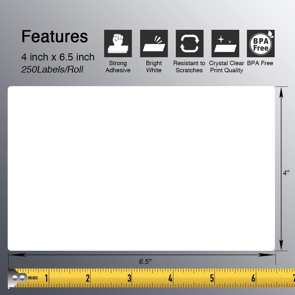 BETCKEY - 4" x 6.5" (102 mm x 165 mm) Large Shipping Labels & Multipurpose Compatible with Zebra & Rollo Label Printer,Premium Adhesive & Perforated [10 Rolls, 2500 Labels]