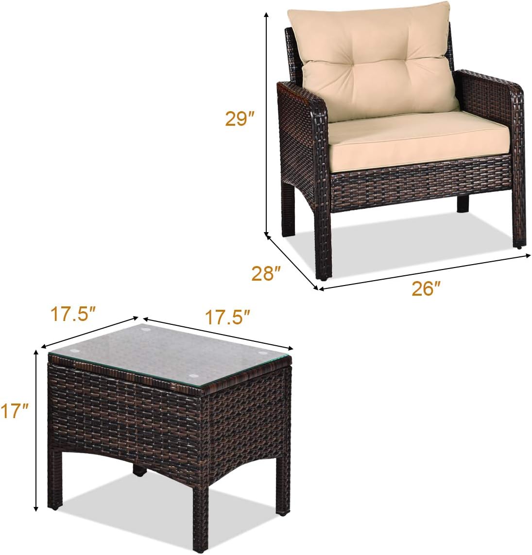 Tangkula 3 Piece Outdoor Patio Furniture Set, Wicker Chairs Set with Glass Top Coffee Table, Thick Cushions