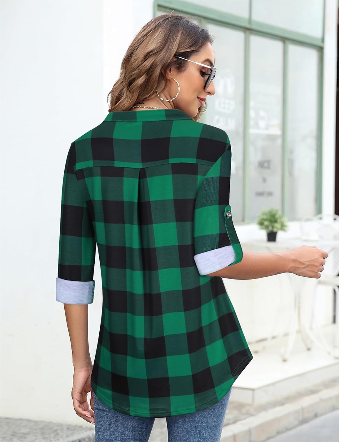 Tanst Sky Womens Casual Long Sleeve Zipped V Neck Plaid Tunic Blouses