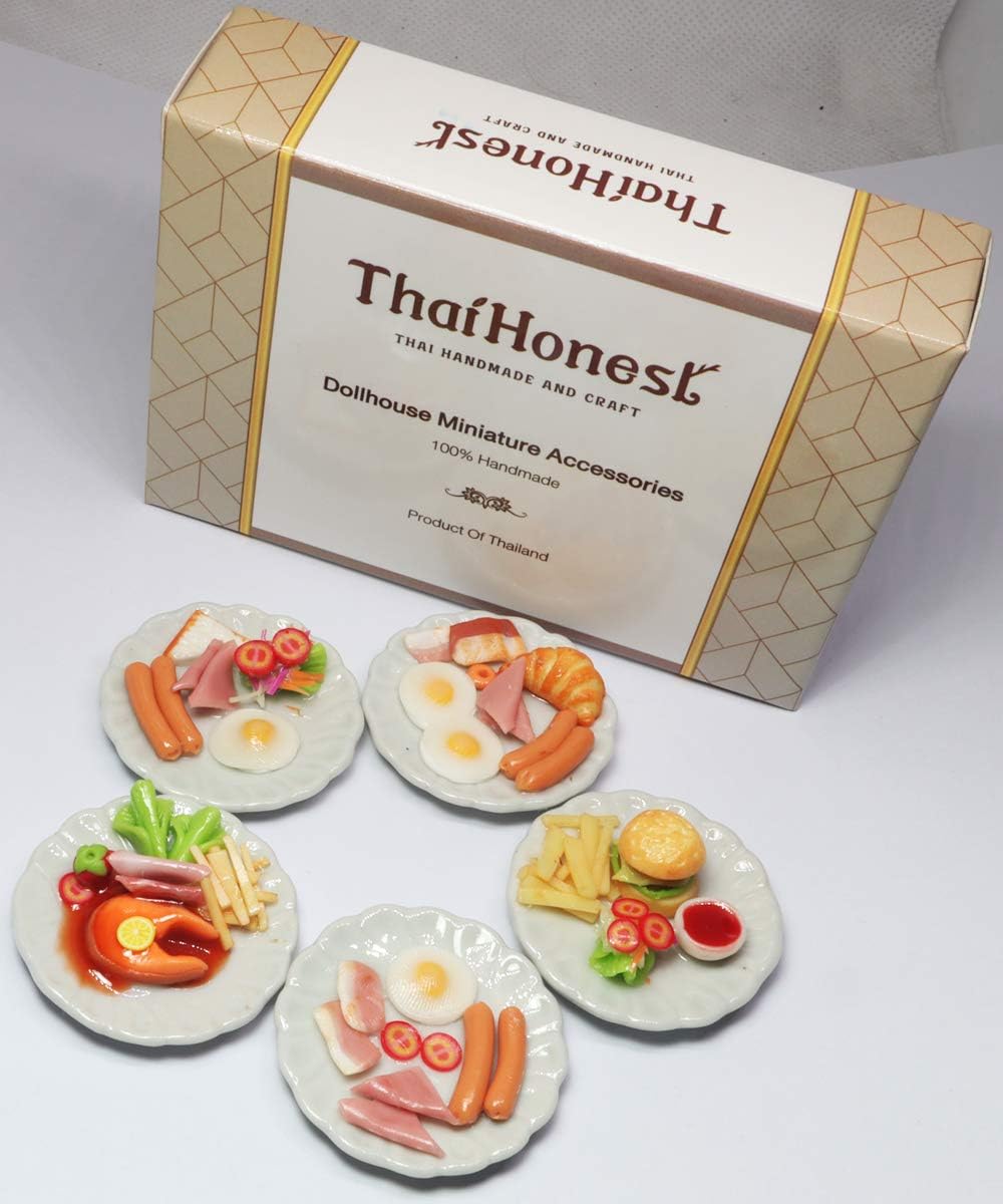 Mixed 5 Assorted Breakfast Dollhouse Miniature Food Set (1/6 Scale) – Sausage, Salmon Steak, Bacon, Burger & Fried Egg on Ceramic Plates