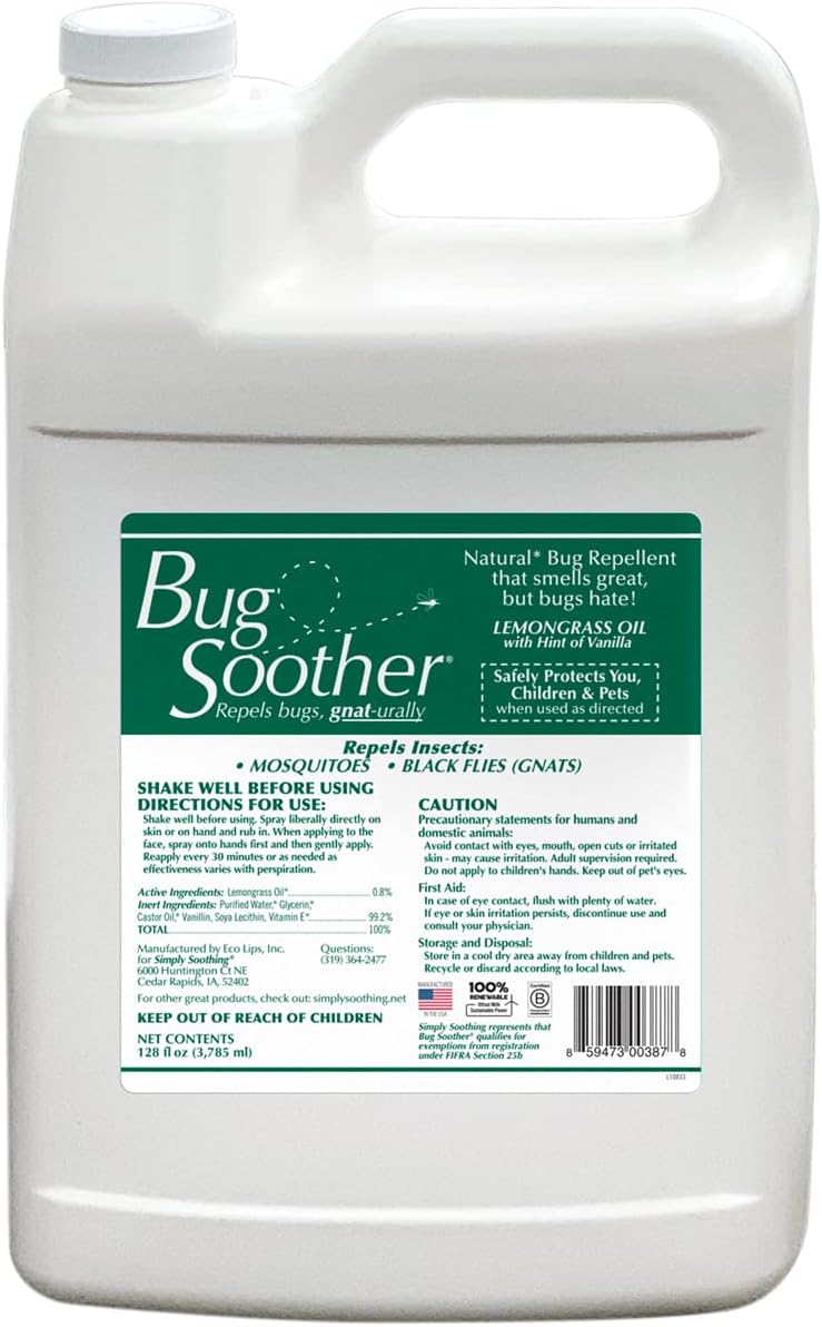 Bug Soother Natural Insect Repellent, DEET-Free Outdoor Spray 1 Gallon | Plant Based | Repels Mosquitos, Gnats & Black Flies | Ideal for Farms