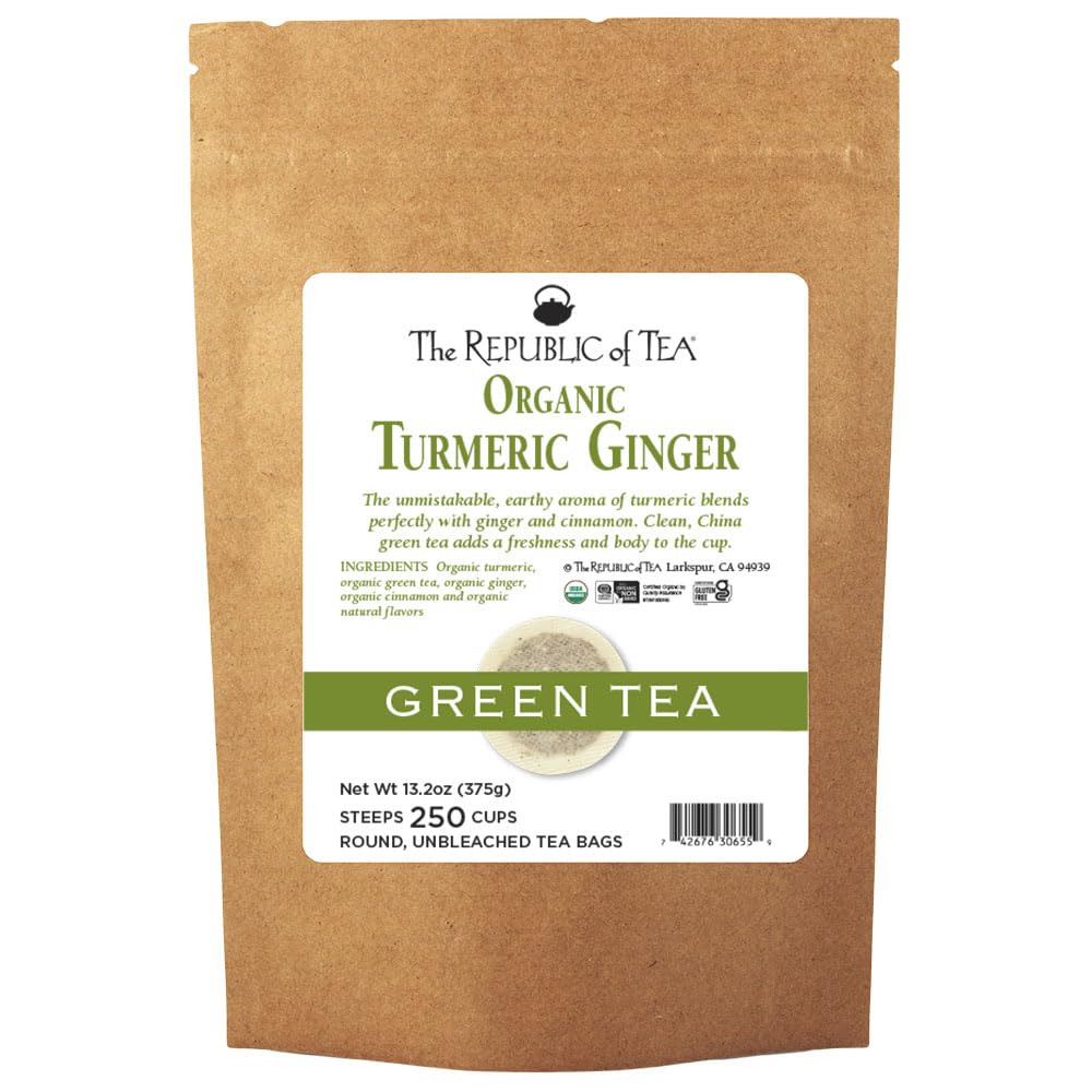 The Republic of Tea Organic Turmeric Ginger Green Tea, Low Caffeine, 50 Ct | A gentle cup for everyday sipping. Fresh and lightly vegetal with notes of warming spice and sweet cinnamon.