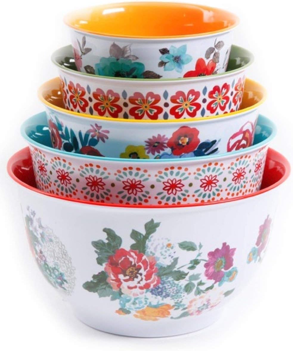 The Pioneer Woman 10-Piece Nesting Mixing Serving Bowl Set features Unique Vibrant Colors