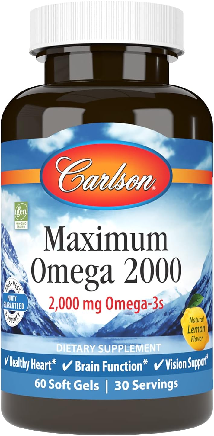 Carlson Maximum Omega 2000, 2000 mg, Wild-Caught, Lemon, 60 Softgels | Omega-3 Fatty Acids Including EPA and DHA; Norwegian Fish Oil Supplement; Sustainably Sourced Fish Oil Capsules