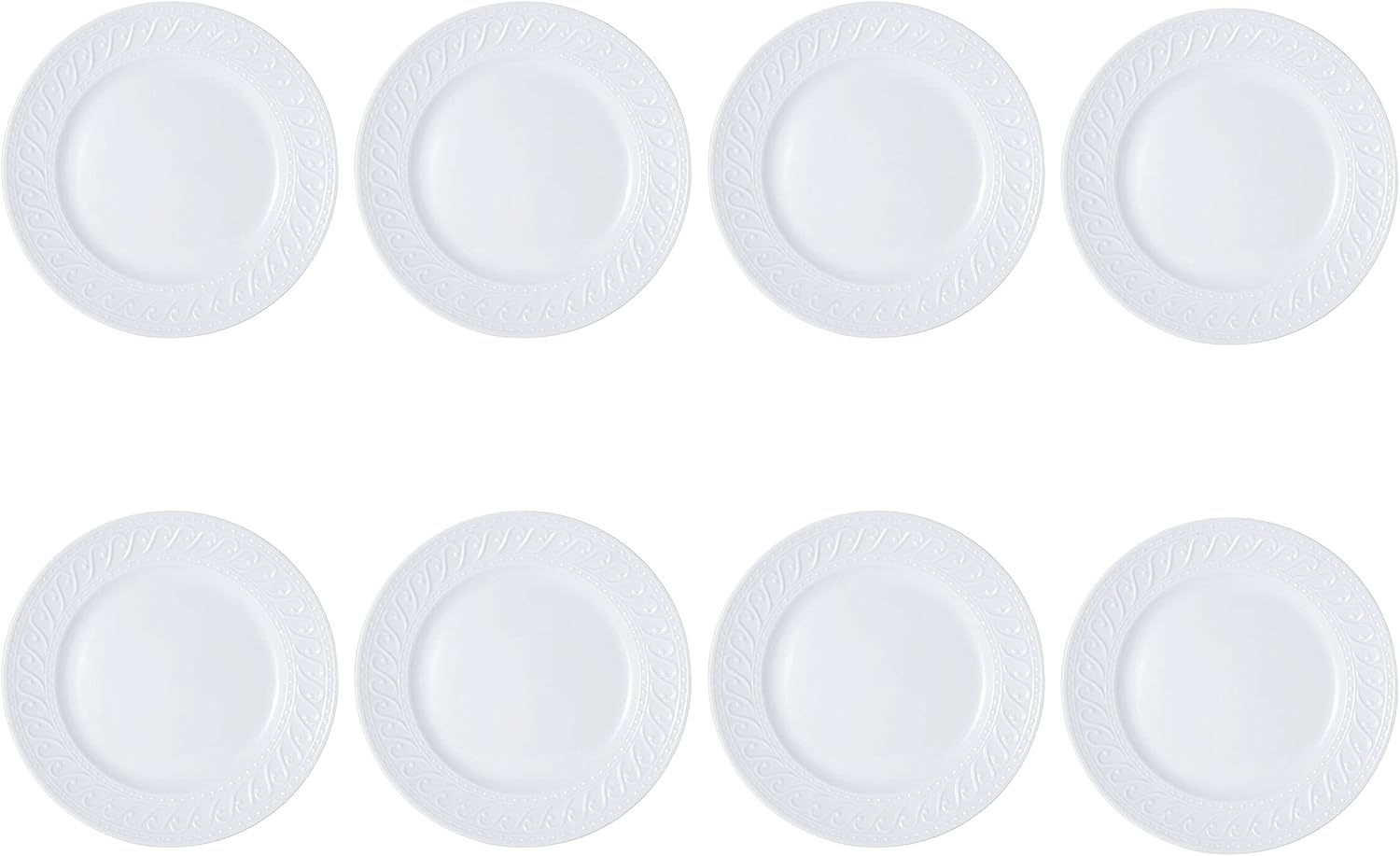 Pfaltzgraff Sylvia Dinnerware Set 32-Piece Service for 8 - White Porcelain Dinner Plates, Salad Plates, Soup Bowls and Mugs with Embossed Scrollwork
