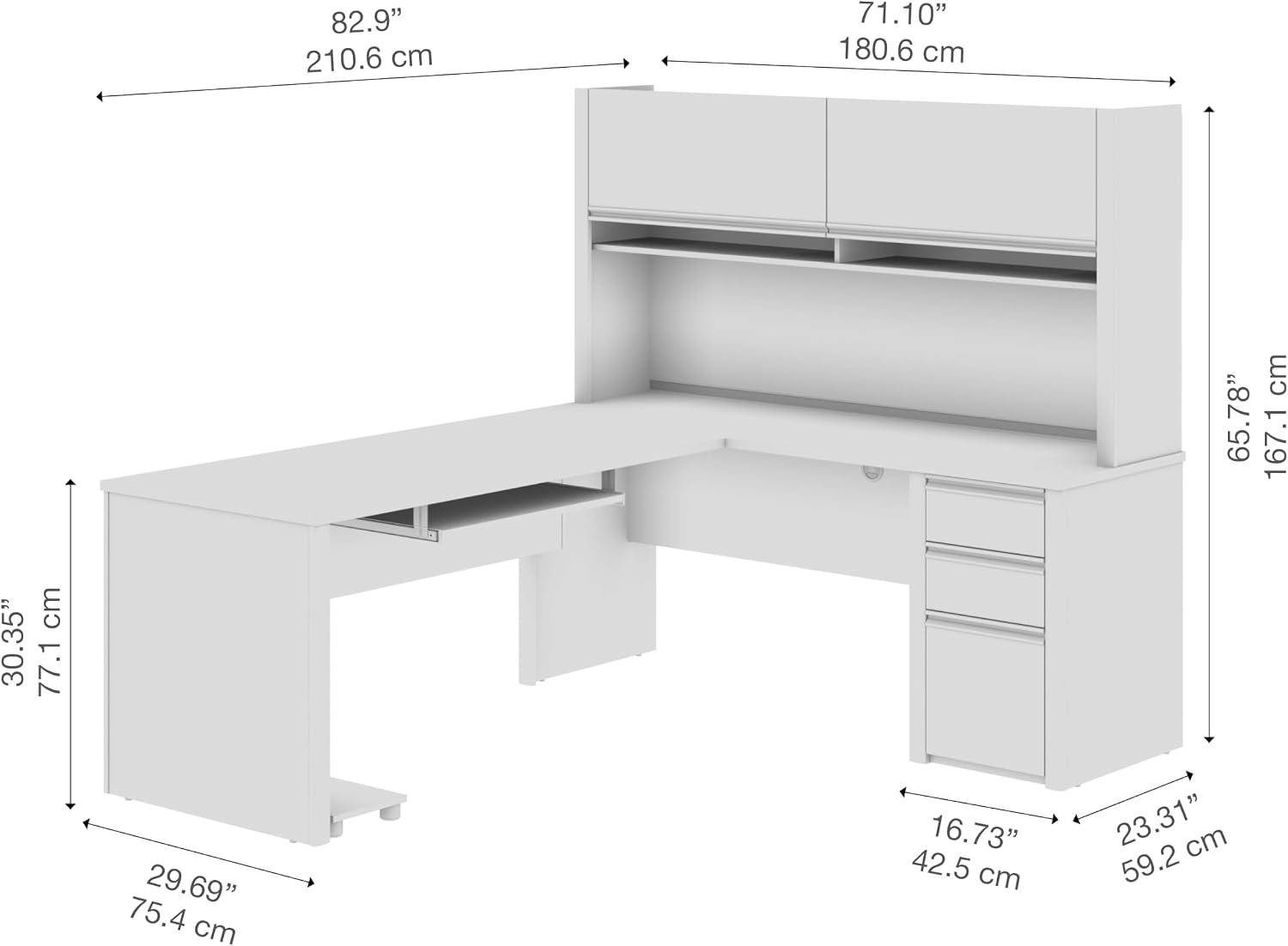 Bestar Connexion L Shaped Desk with Hutch and Pedestal in Slate and Sandstone