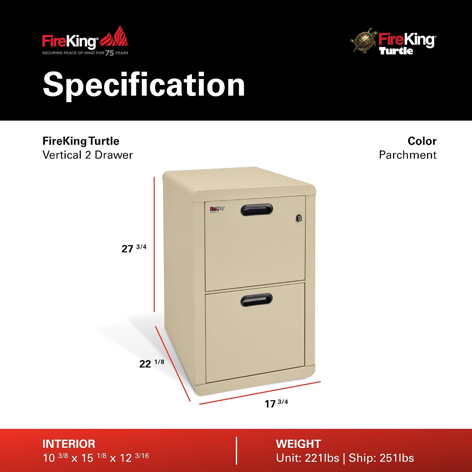 FireKing Turtle Vertical 2 Drawer Fire Rated File Cabinet, Black | 1 Hour Fire Rated Filing Cabinet - UL Class 350 - Water Resistant - Key Lock - Made in USA