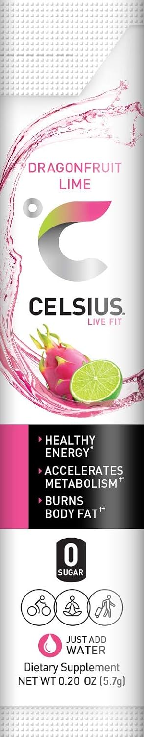 CELSIUS On-The-Go Powder Stick, Combo Pack of Dragonfruit Lime and Cranberry Lemon, 28 Piece Assortment