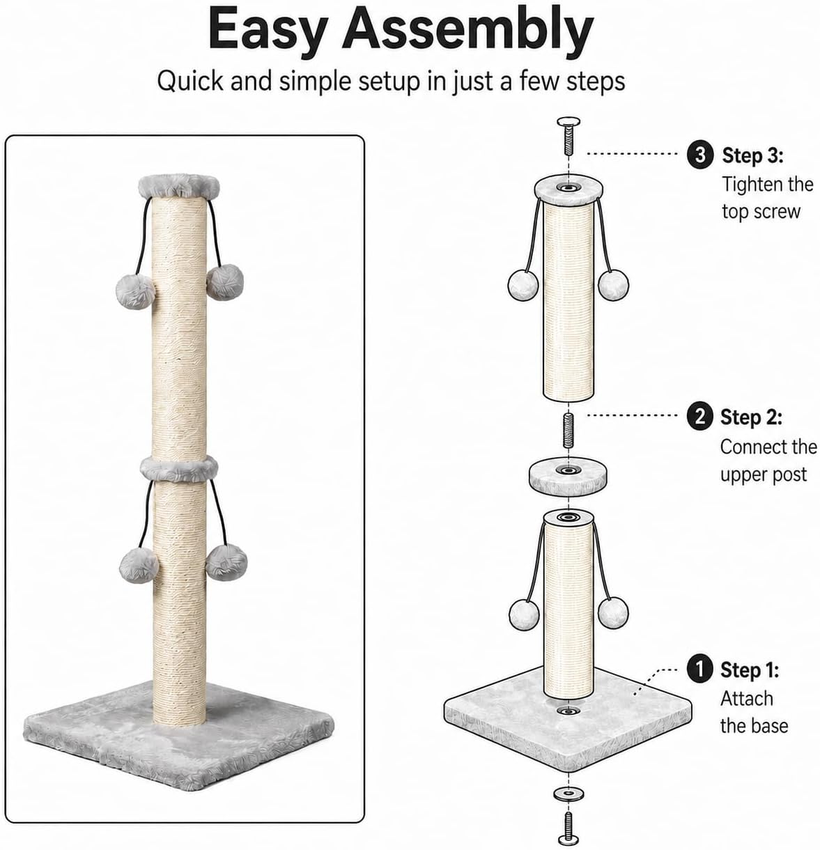 Dimaka 29'' Cat Scratching Post, Natural Sisal Rope Scratcher Post, Kitten Claw Scratch with 4 DanglingToy Balls for Large Cats (Grey)