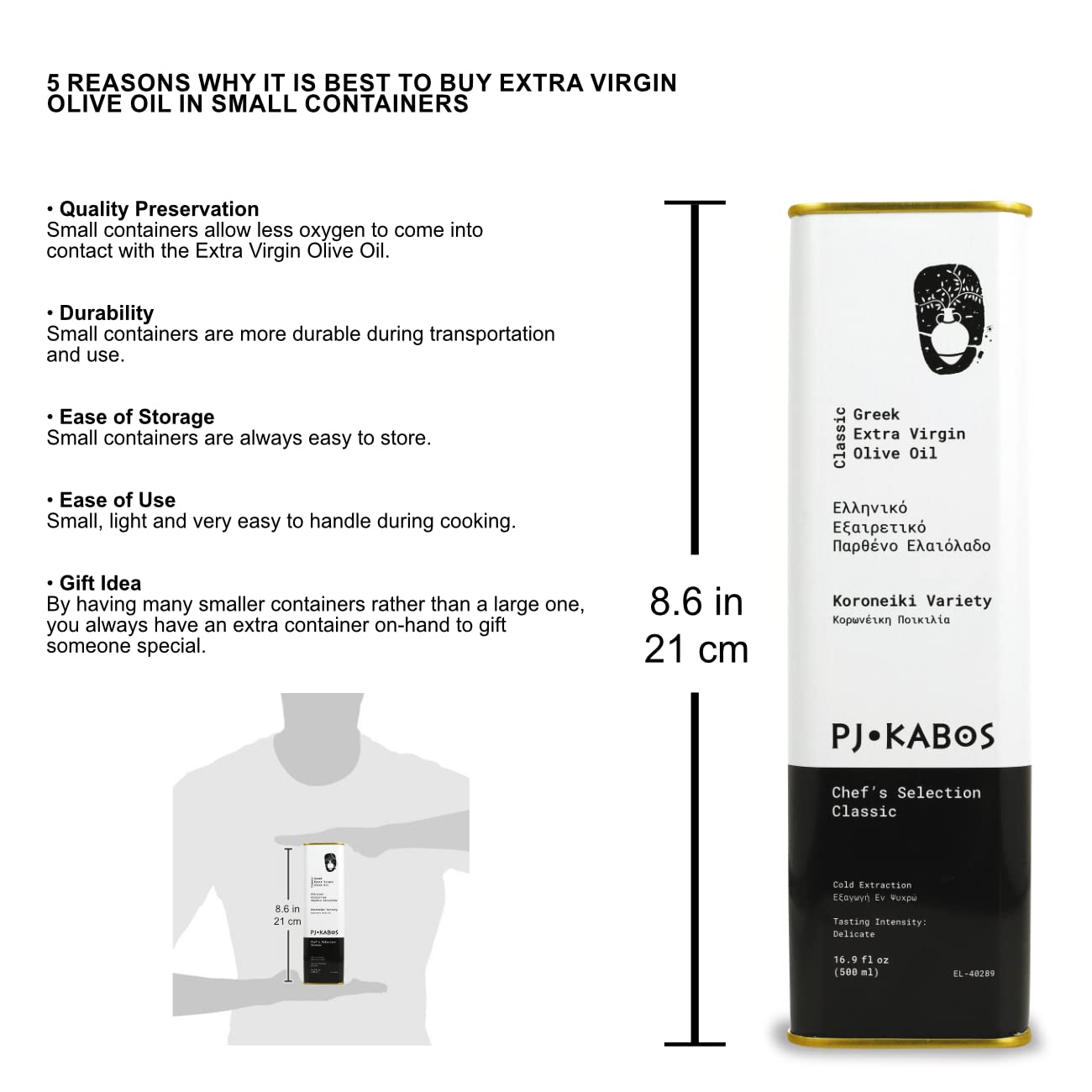 P.J. KABOS 2025/26 Harvest, Everyday Greek Extra Virgin Olive Oil, Kosher, Greece, Cold Extracted, 16.9 oz Tin, Koroneiki