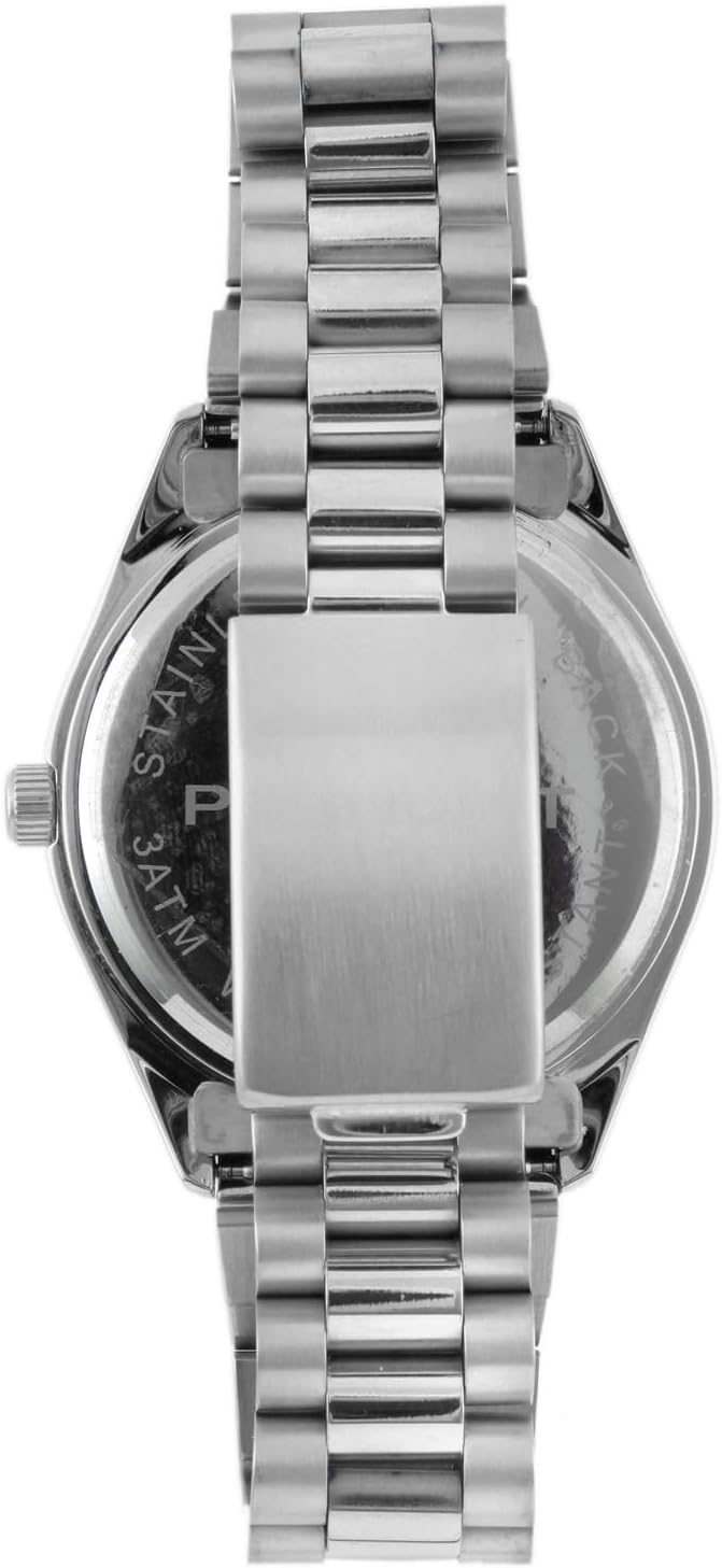 Peugeot Men's Stainless Steel Big Face Luxury Watch with Day Date Windows, Roman Numerals & Coin Edge Fluted Bezel Watch