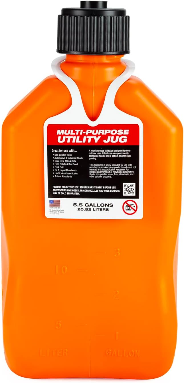 VP Racing 3572-CA, 5.5-Gallon Square Motorsport Jug Orange w/ 14" Deluxe Hose Close-Trimmed Cap and Neck for Tight Seal (1 Pack)