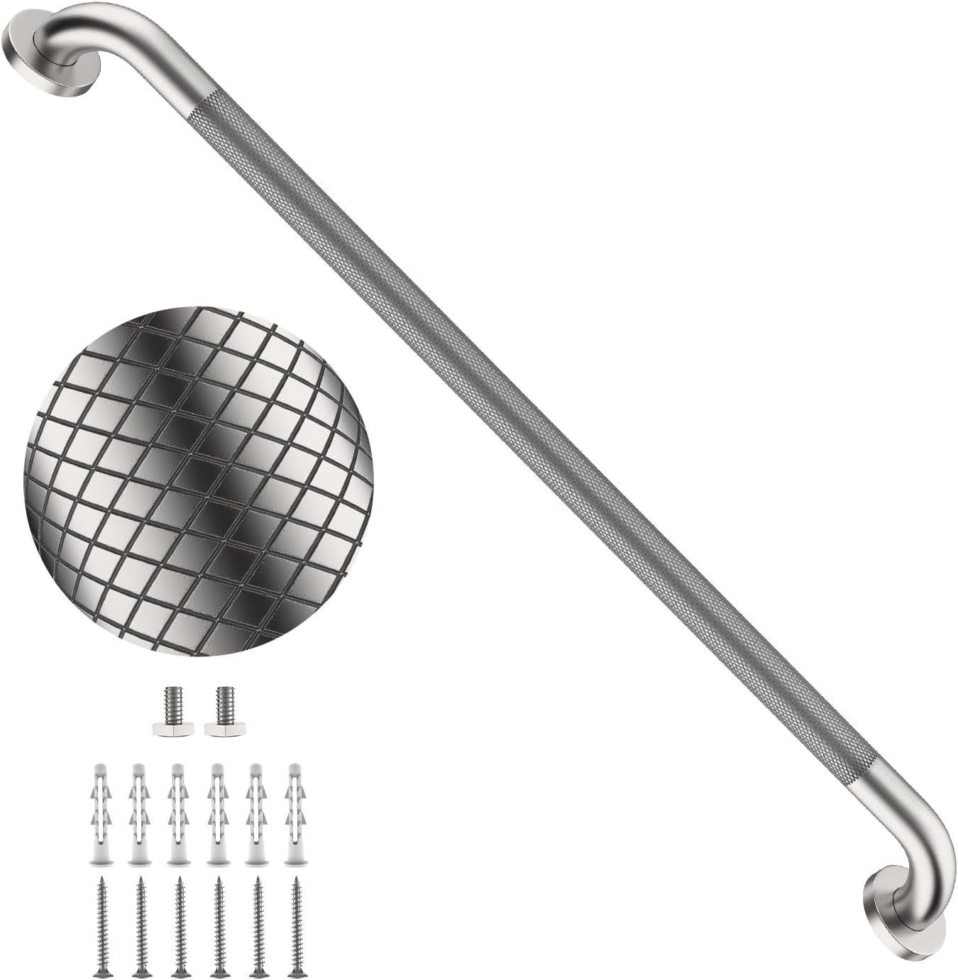 40 Inch Brushed Nickel Shower Grab Bar Anti-Slip Knurled Grip,Safety Handle | YuanDe 1.25" Diameter Stainless Steel Bathroom Grab Bars, Handicap Injury Elderly Senior Assist Support Shower Handle-2Packs