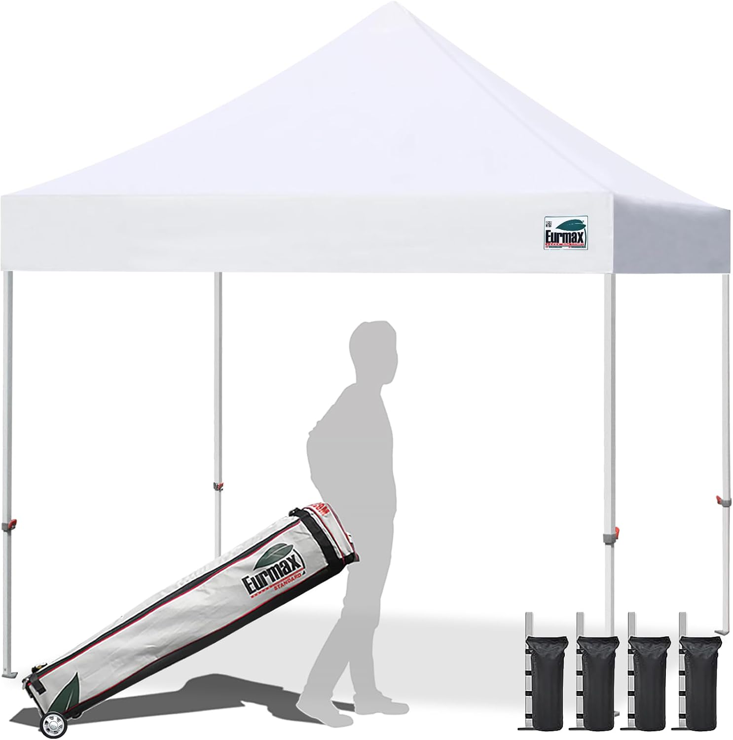 Eurmax USA 10x10ft Pop Up Canopy,Commercial Instant Tent for Outdoor Events,Patented No-Tip Rolling Storage Bag with 4 Sandbags,UV & Water Resistant,Heavy Duty Portable Shelter Gazebo,Black