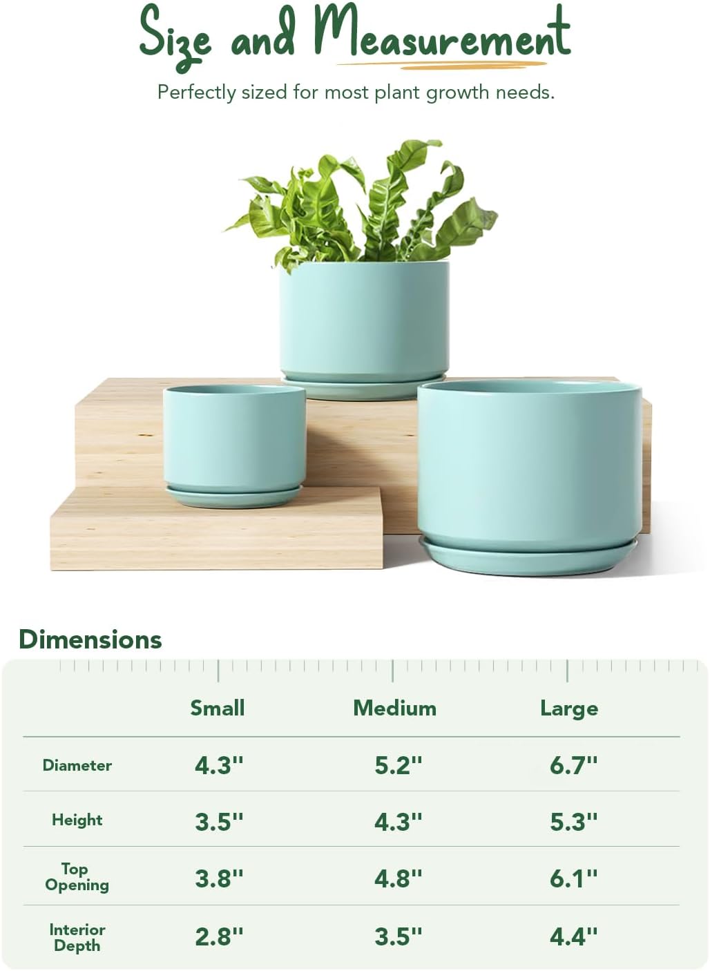 LE TAUCI Ceramic Plant Pots, 4.3+5.3+6.8 inch, Set of 3, Planters with Drainage Hole and Saucer, Indoor Flower Pot with Hole Mesh Pad, Gifts for Mom