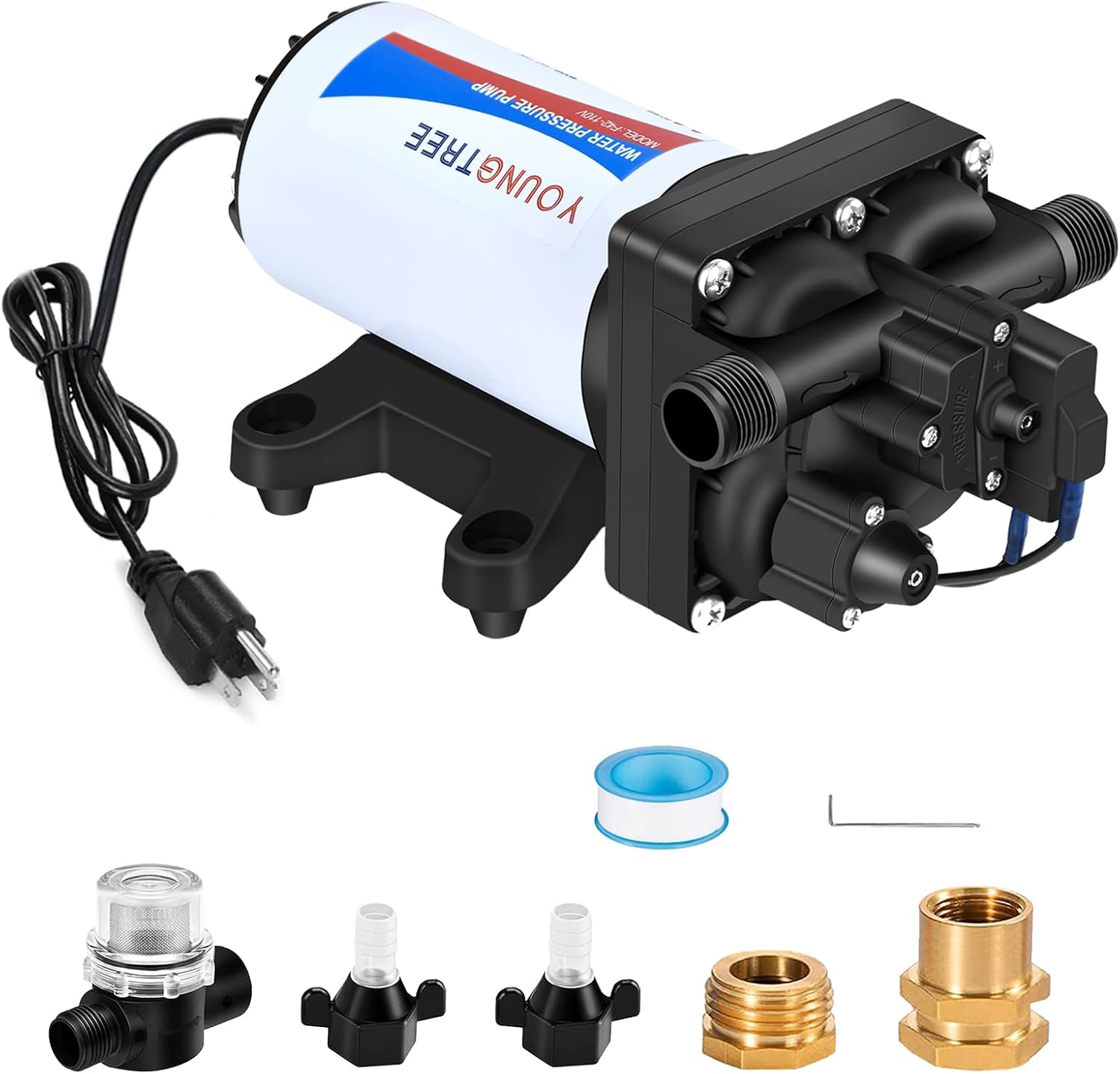 YOUNGTREE RV Water Pressure Diaphragm Pump 110V 4.0GPM 50PSI On Demand Fresh Water Transfer Pump 110Volt AC with Garden Hose Adapters for Irrigation Home Pool Draining Sprinkler
