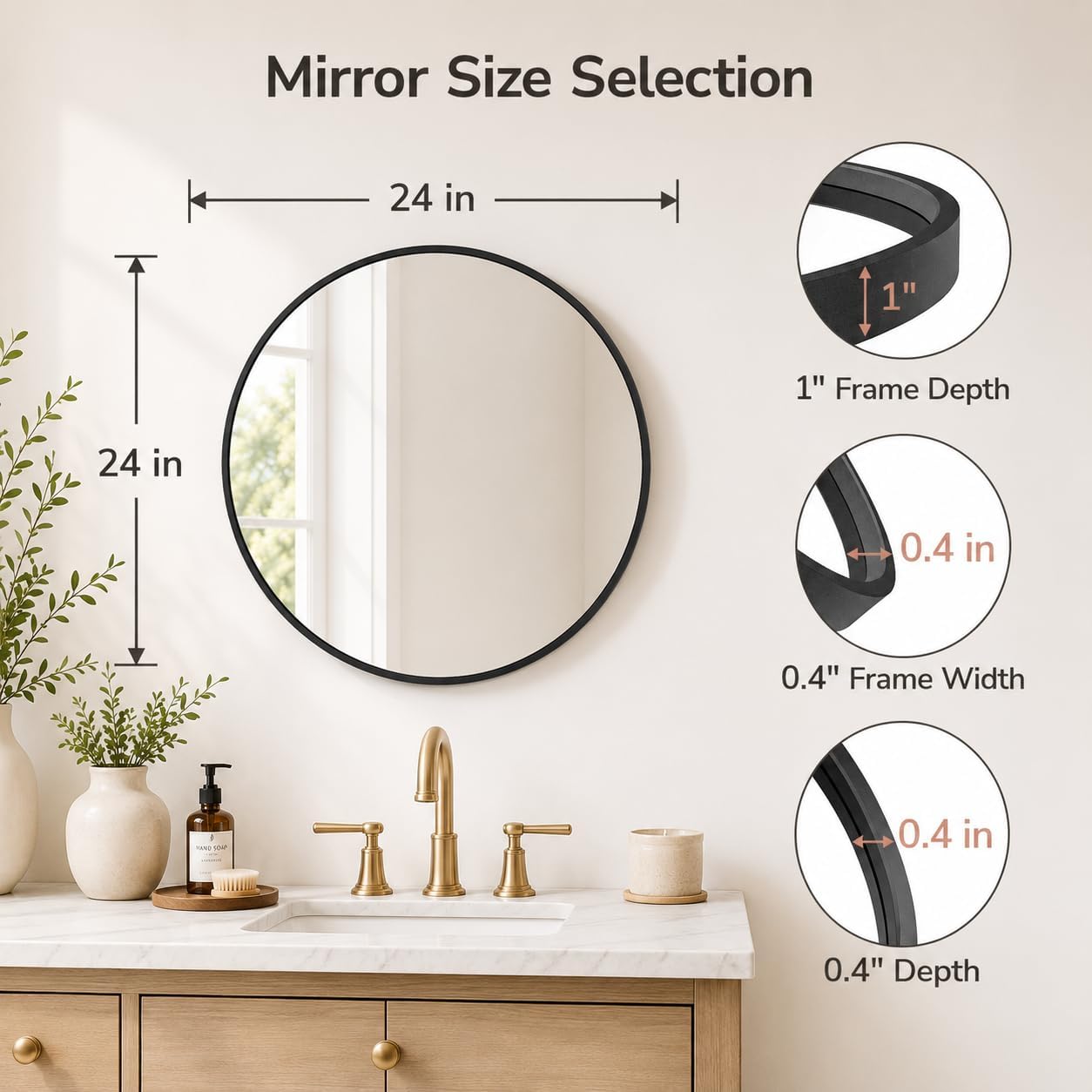 USHOWER Frameless Round Bathroom Mirror 24"