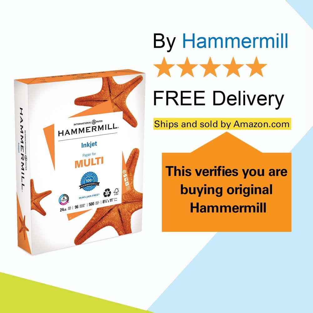 Hammermill Printer Paper, Premium Inkjet & Laser Paper 24 Lb, 8.5 x 11-1 Ream (500 Sheets) - 97 Bright, Made in the USA, 166140R