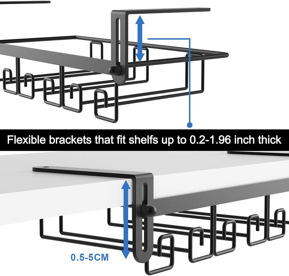 Under Shelf Wine Glass Holder - Black, Stemware Rack for Cabinet, Holds Multiple Glasses