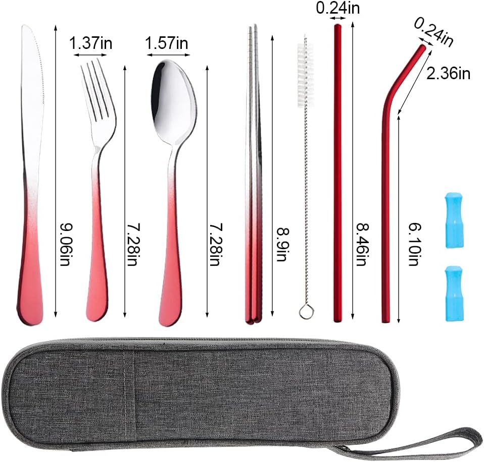 Travel Utensils Set with Case Reusable Portable Cutlery Set Stainless Steel 8pcs Including Dinner Knife Fork Spoon Chopsticks Straws(Rainbow)