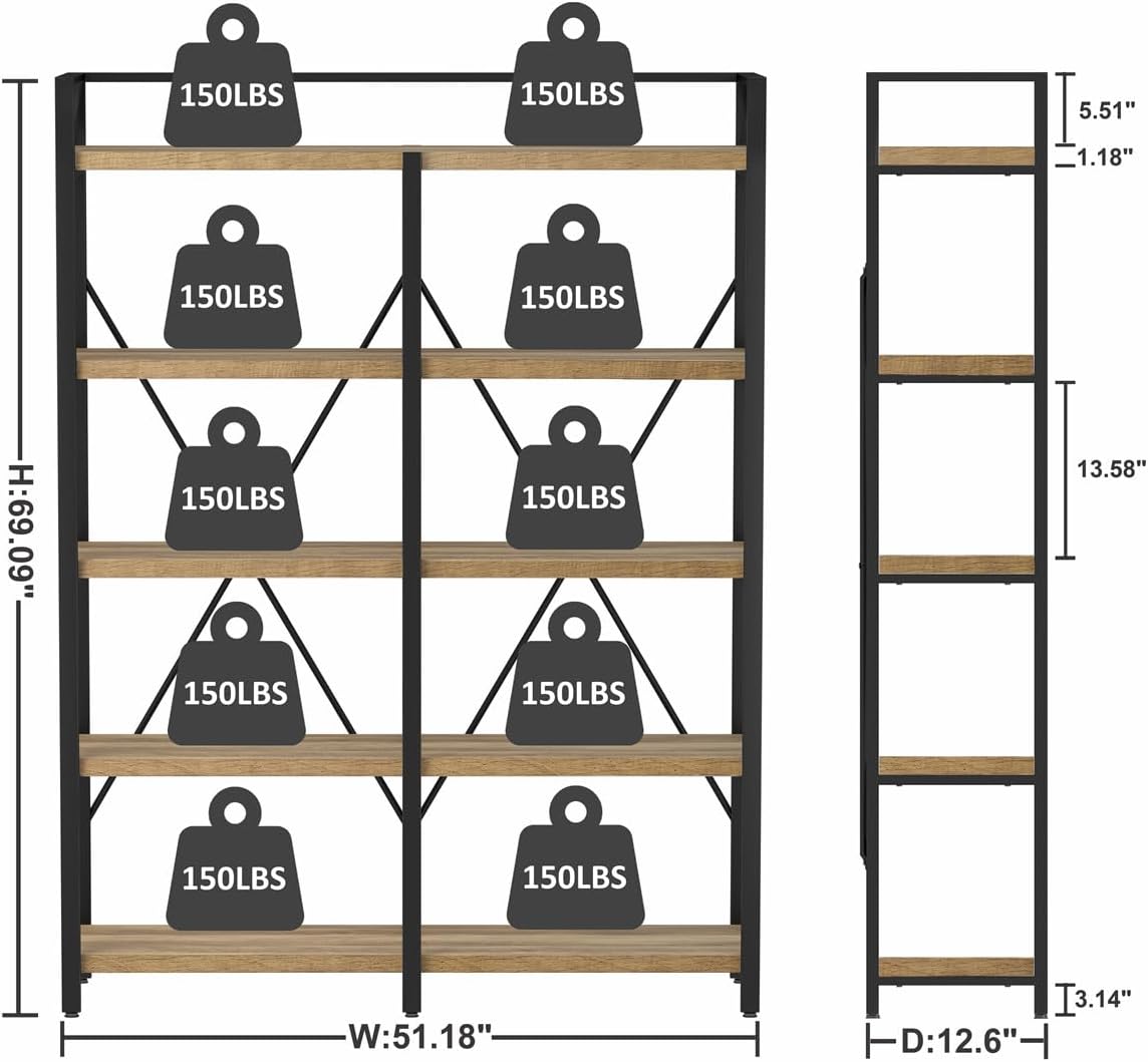 FATORRI Bookshelf, 5 Tier Industrial, 51 Inch Wide 69 Inch Tall Etagere Bookcase