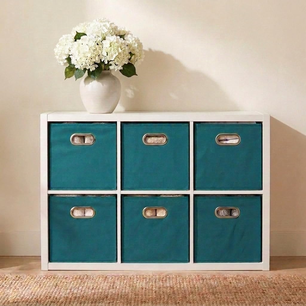 Household Essentials Fabric Storage Bins 6 Piece Set, Strong Poly-Woven Fabric, Sturdy Chipboard Sides, Grommet Front Handle, Stackable and Foldable, Classic Design, Navy