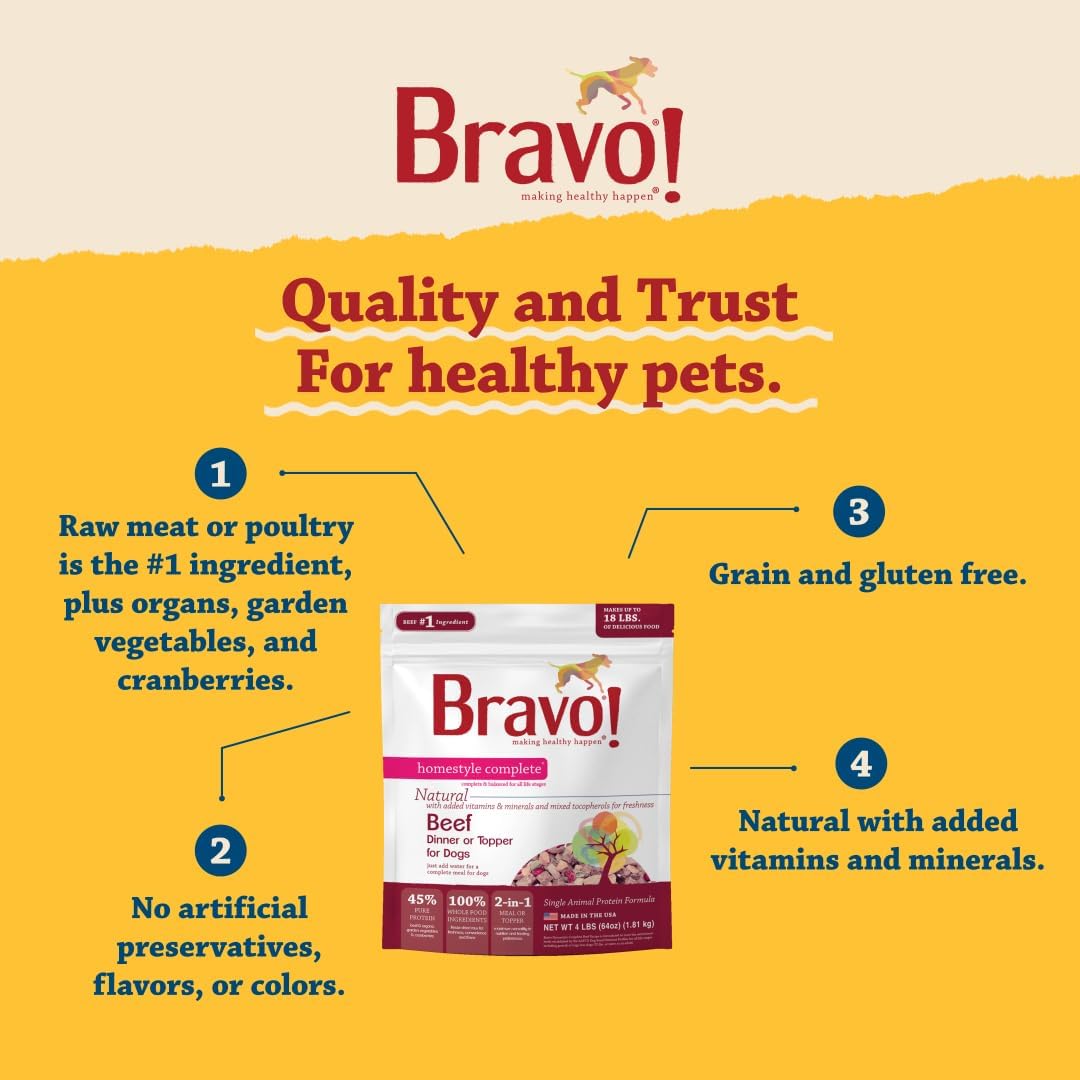Bravo! Homestyle Complete Freeze Dried Raw Dog Food, Beef, 2 Pounds | Whole Food Ingredients, Rehydrate with Water for Up To 9 Pounds of Food, Use as Meal or Food Topper, Grain Free, Gluten Free