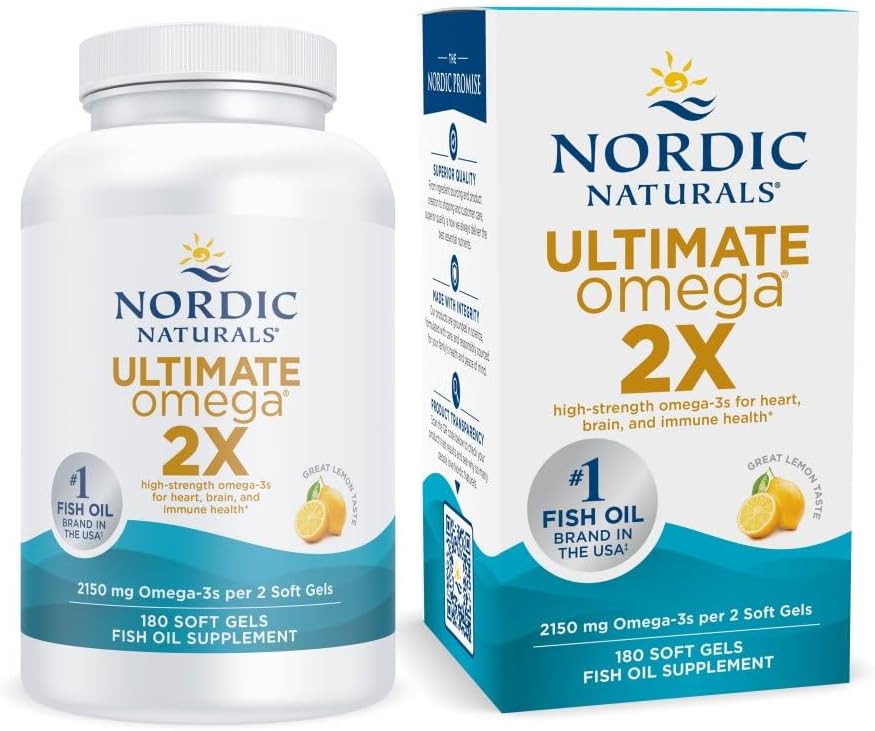 Nordic Naturals Ultimate Omega 2X, 2150mg Fish Oil, Lemon - 60 Count | High-potency 2X formula with EPA & DHA for brain & heart health. Non-GMO soft gels. 30 servings.
