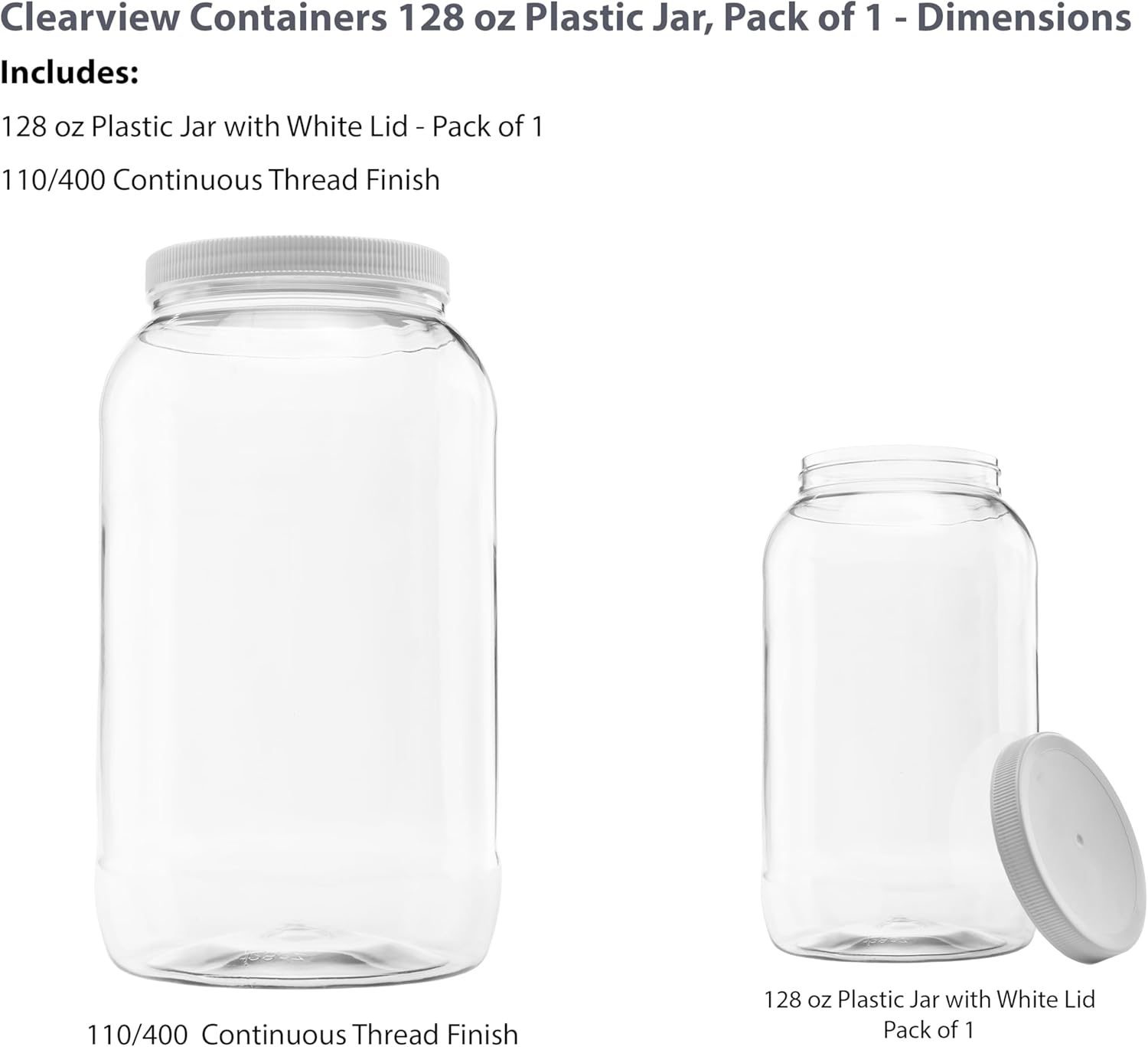 1 Pack - 128 oz (1 Gallon) Plastic Storage Jars with 110-400 Leak Proof Black Lids, Food Grade, BPA Free, Hand Wash Only (128oz, BLK, 1PK)
