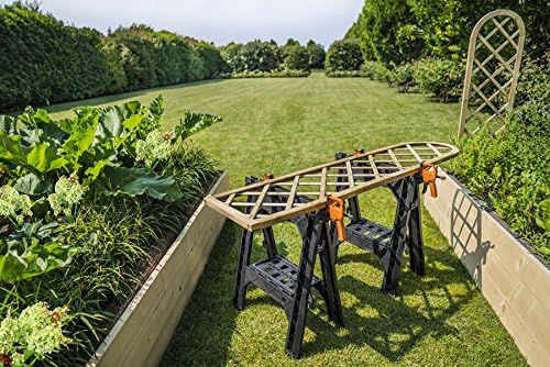 WORX Portable Folding Workbench, 2-in-1 Pegasus Table & Sawhorse, WX051 | 31"×25"×32" dimension, heavy load capacity, fast setup, includes 2 clamps & 4 clamp dogs, lightweight portable design